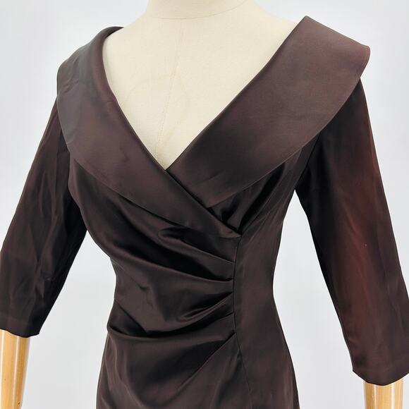 Vintage 90s Kay Unger Chocolate Brown Satin Portrait Collar Cocktail Dress - Picture 3 of 6